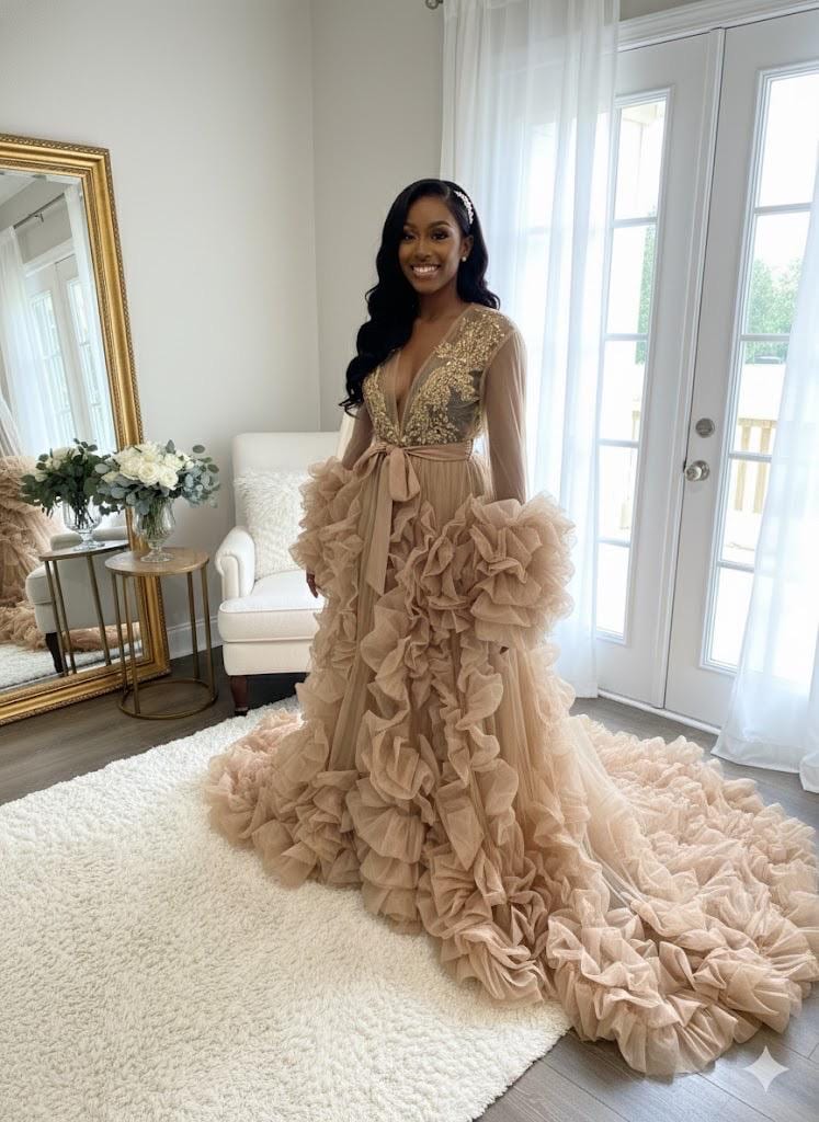 Champagne bridal robe, long gold bridal rhinestones robe, white Tulle Robe, Bridal Robe,Gift for Bride to be, Bridal morning robe