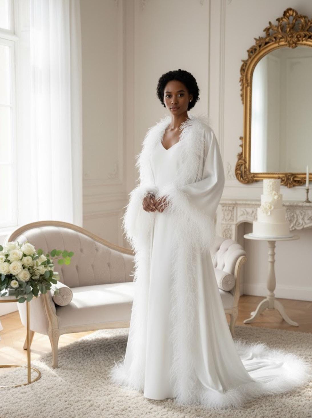 Bridal Robe with feathers , Wedding Robes for Brides, Bridal robe, Long white bridal robe White feather robe,Luxury bridal robe Boudoir robe