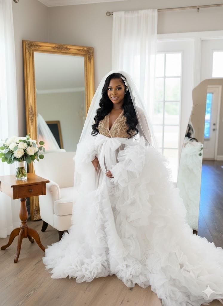 Bridal robe, Coral pink robe, bride champagne gold rhinestones robe, white Tulle Robe, Bridal Robe,Gift for Bride to be, Bridal morning robe