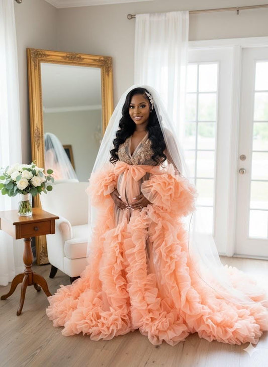 Bridal robe, Coral pink robe, bride champagne gold rhinestones robe, white Tulle Robe, Bridal Robe,Gift for Bride to be, Bridal morning robe