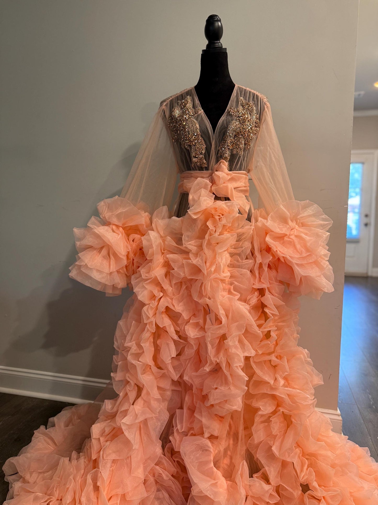 Bridal robe, Coral pink robe, bride champagne gold rhinestones robe, white Tulle Robe, Bridal Robe,Gift for Bride to be, Bridal morning robe