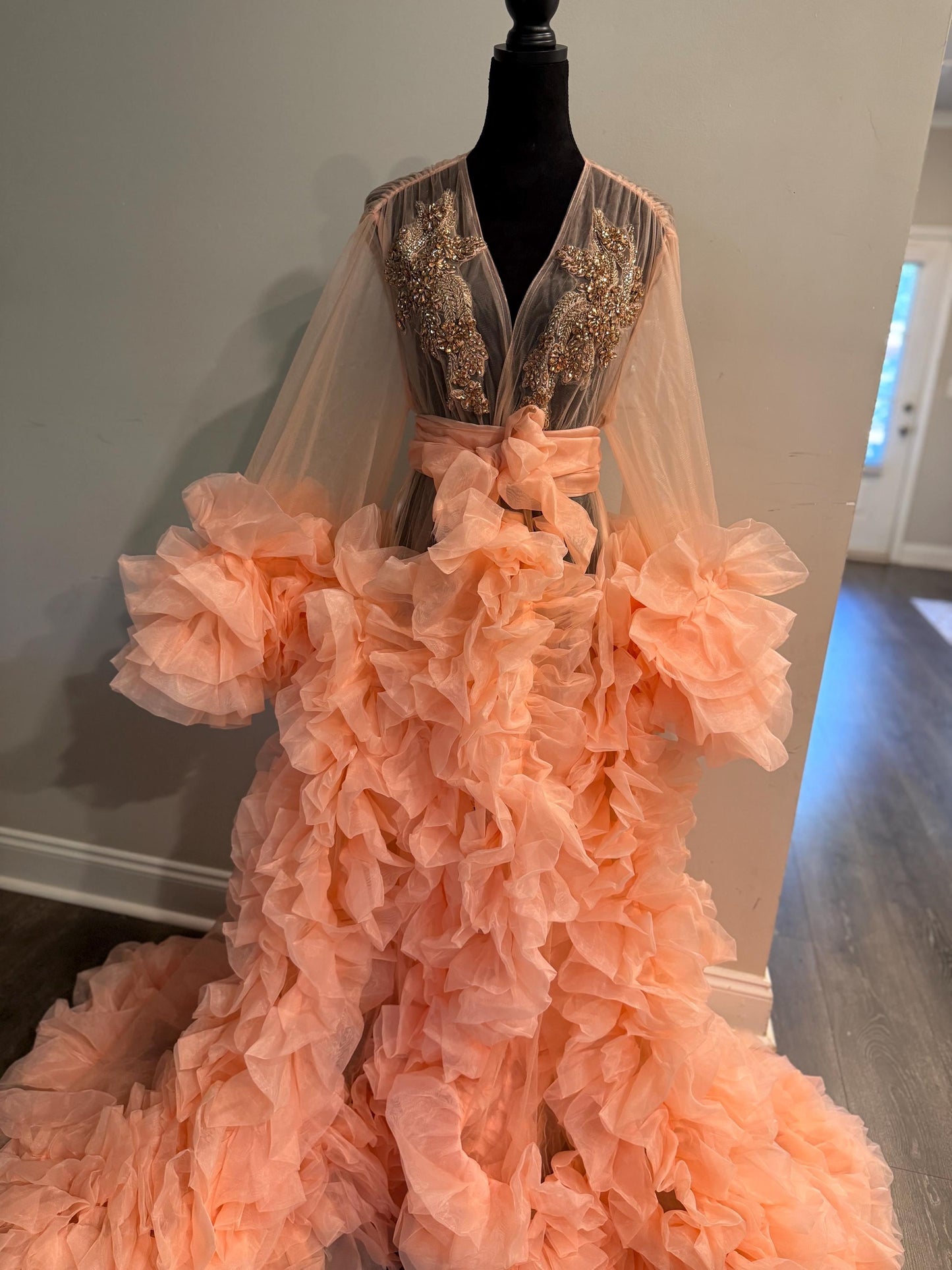 Bridal robe, Coral pink robe, bride champagne gold rhinestones robe, white Tulle Robe, Bridal Robe,Gift for Bride to be, Bridal morning robe