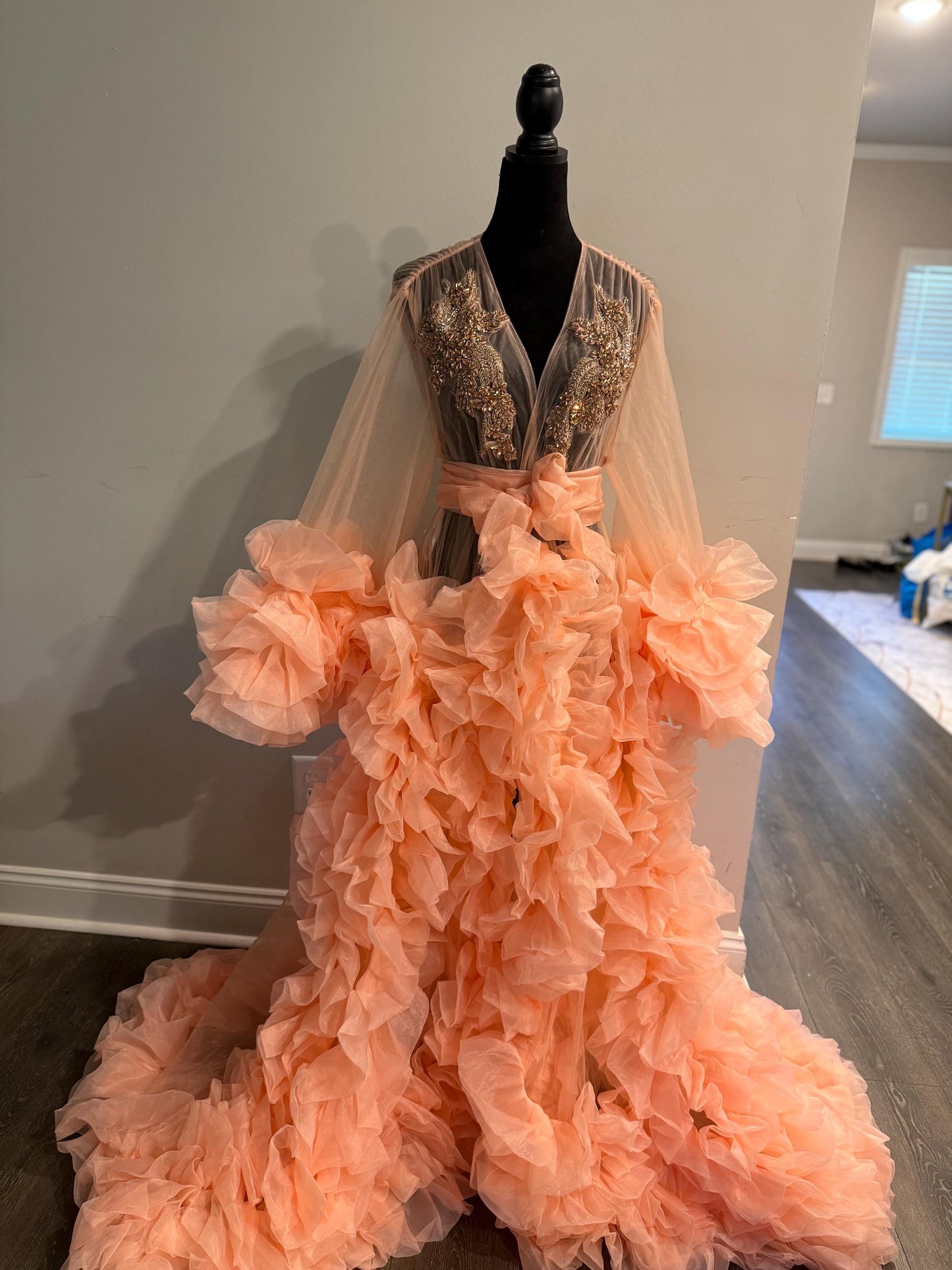 Bridal robe, Coral pink robe, bride champagne gold rhinestones robe, white Tulle Robe, Bridal Robe,Gift for Bride to be, Bridal morning robe