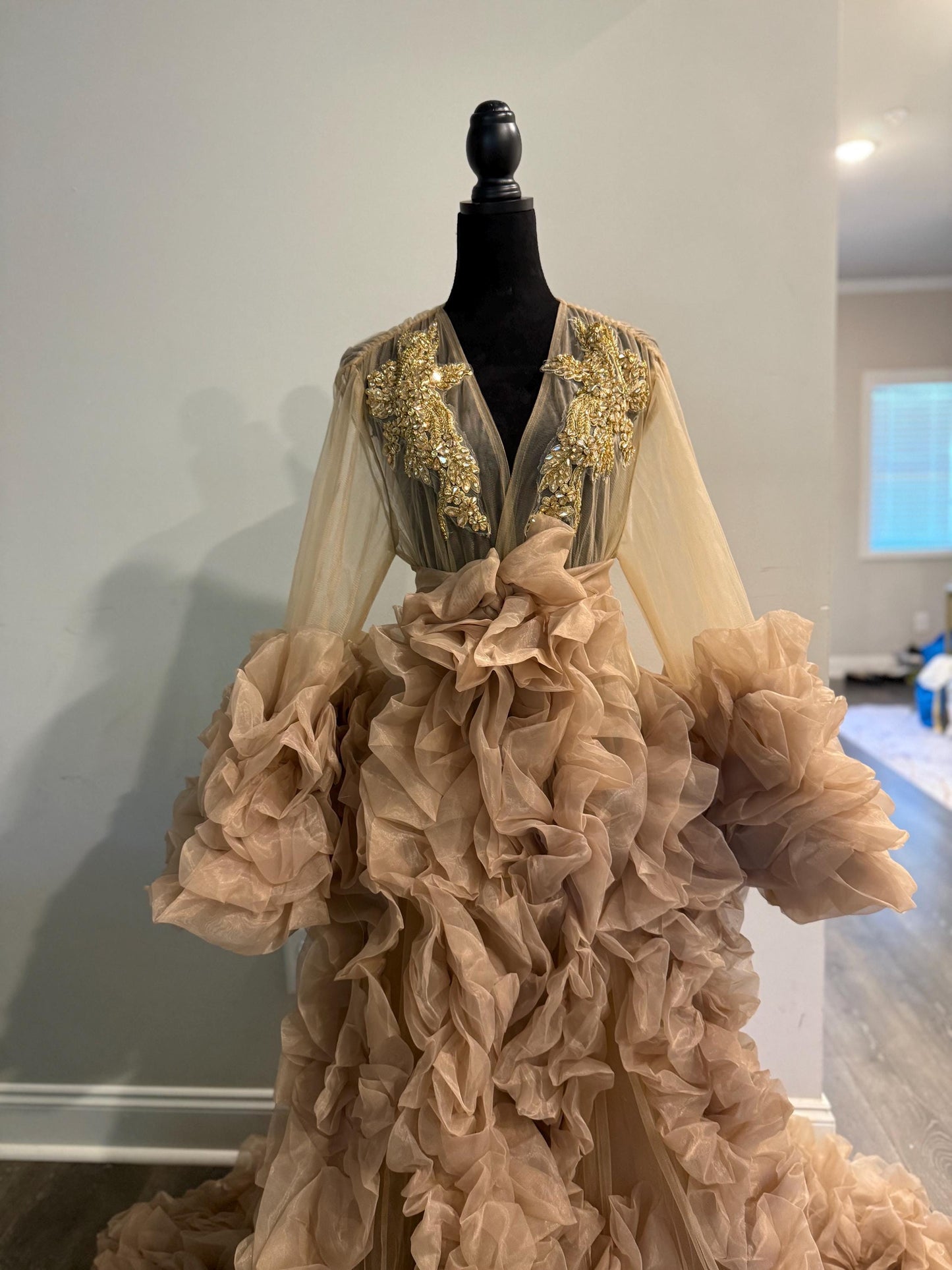 Champagne bridal robe, long gold bridal rhinestones robe, white Tulle Robe, Bridal Robe,Gift for Bride to be, Bridal morning robe