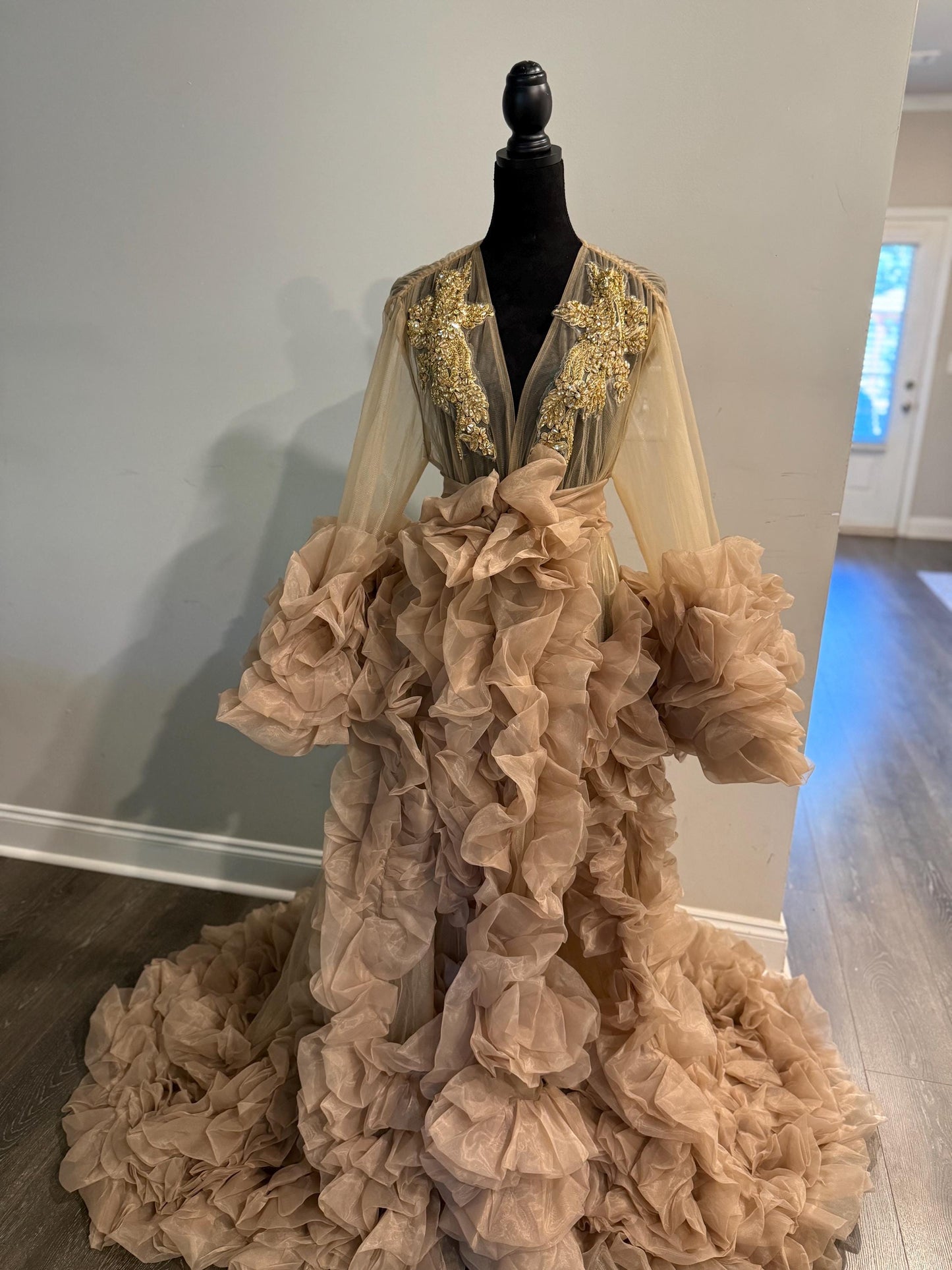 Bridal robe, Coral pink robe, bride champagne gold rhinestones robe, white Tulle Robe, Bridal Robe,Gift for Bride to be, Bridal morning robe