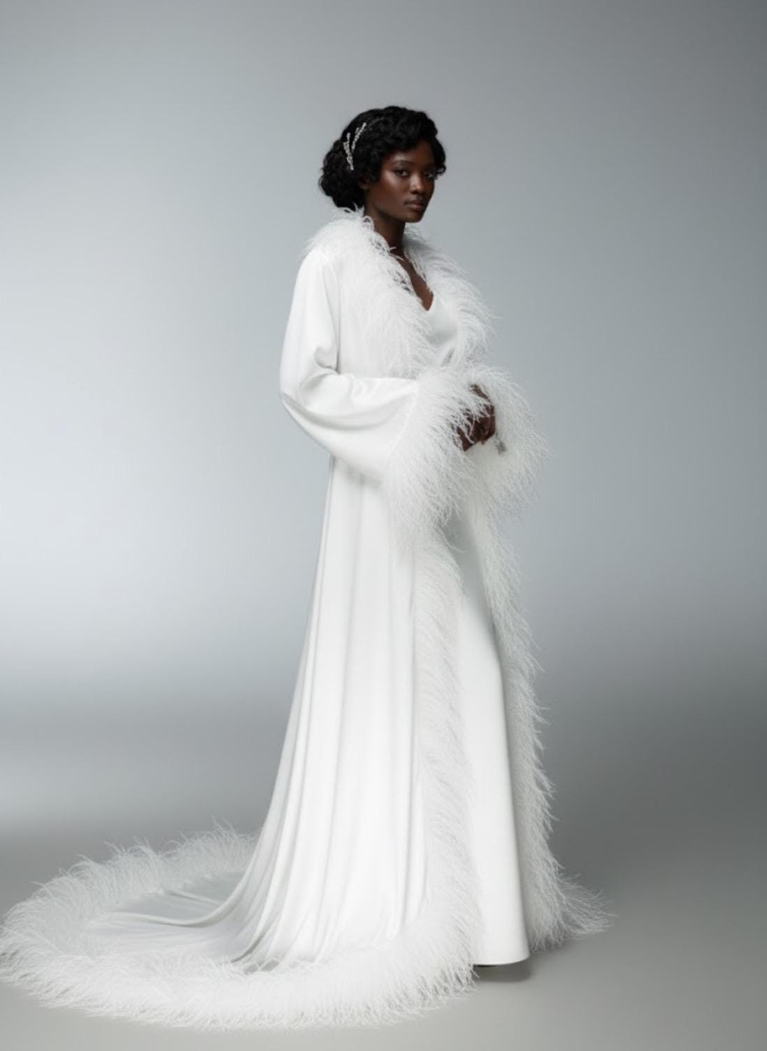 Bridal Robe with feathers , Wedding Robes for Brides, Bridal robe, Long white bridal robe White feather robe,Luxury bridal robe Boudoir robe