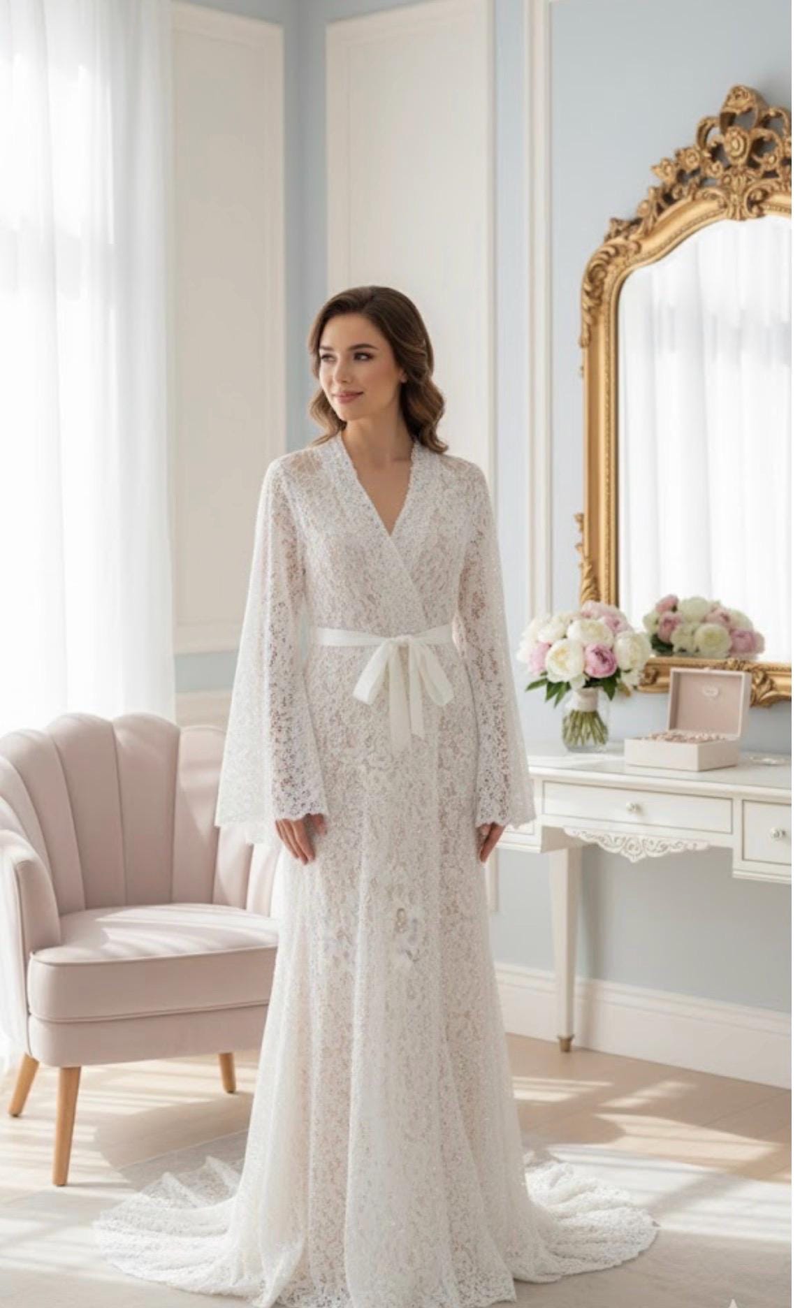 White Bride Robe Pearl lace Bridal Robe, long white Wedding Robes for Brides, Wedding D ...